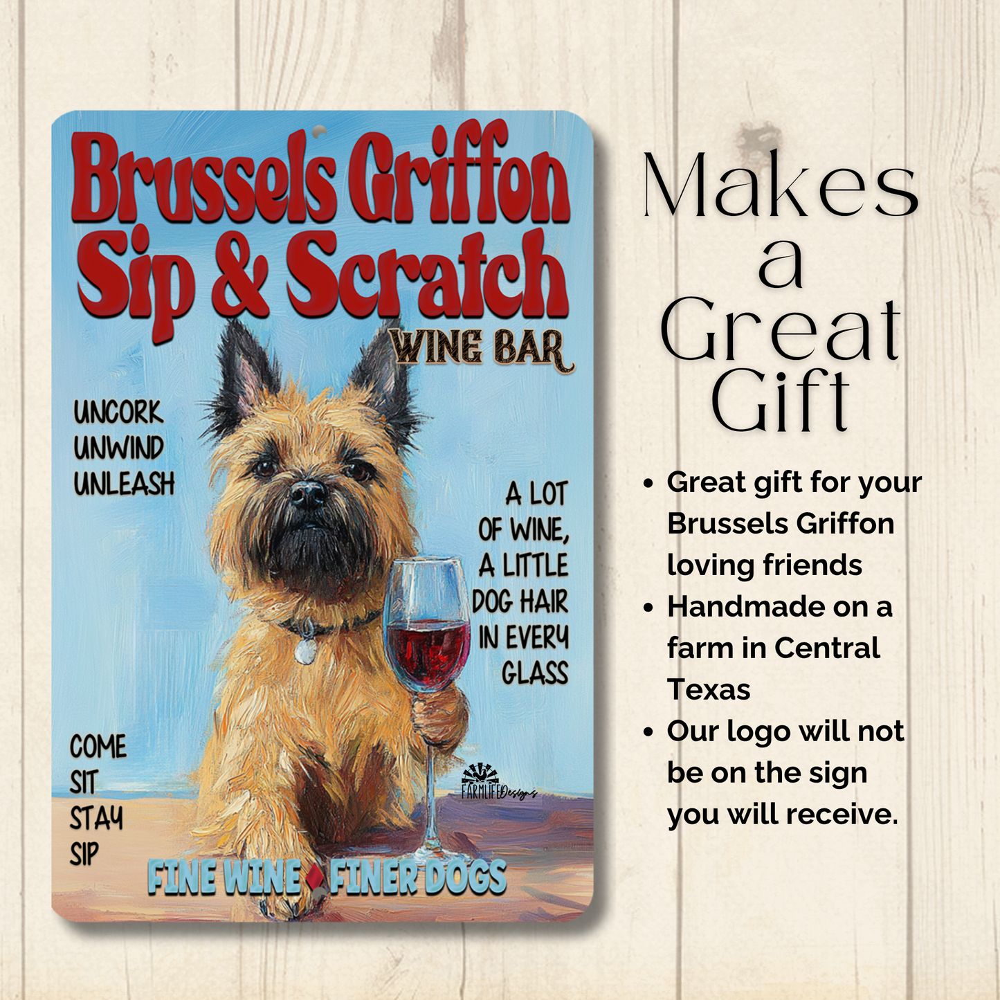 Brussels Griffon Wine Bar Sign Sip & Scratch Dog Metal Tin Wall Art