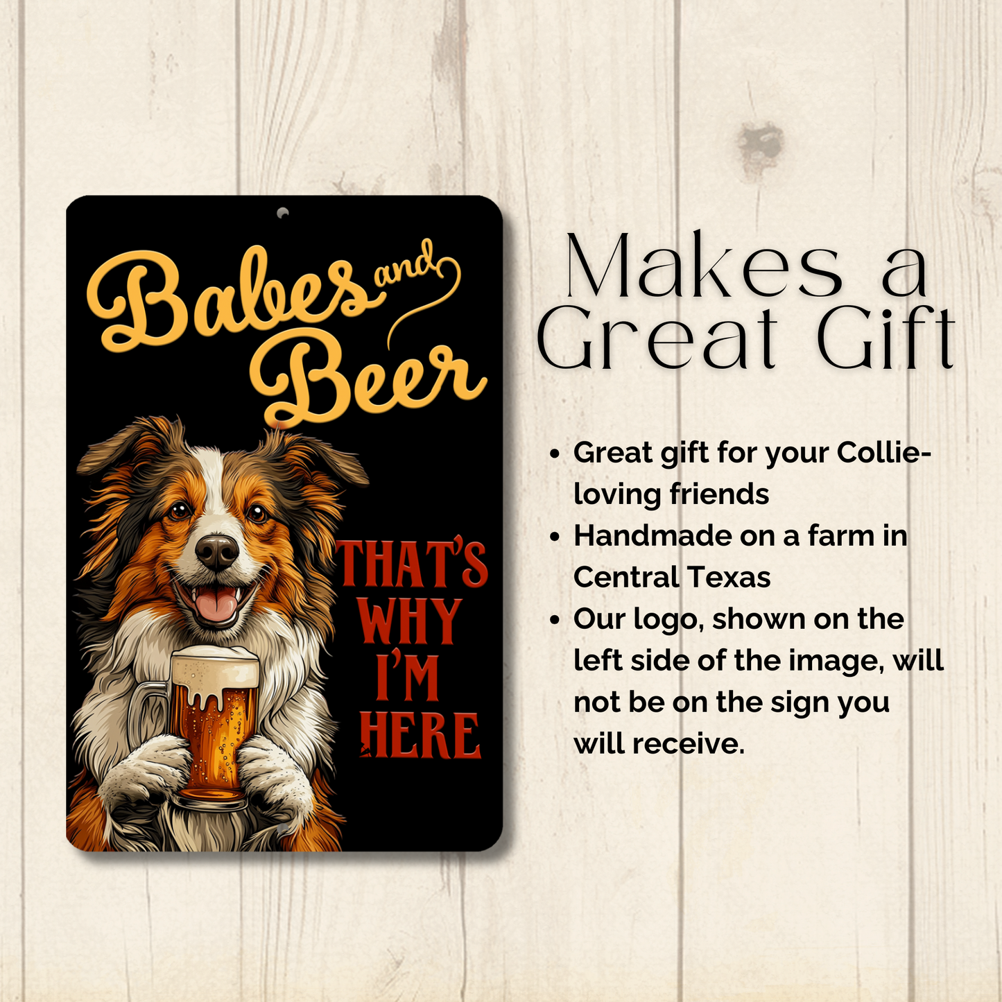 Collie Babes and Beer dog bar man cave sign metal tin