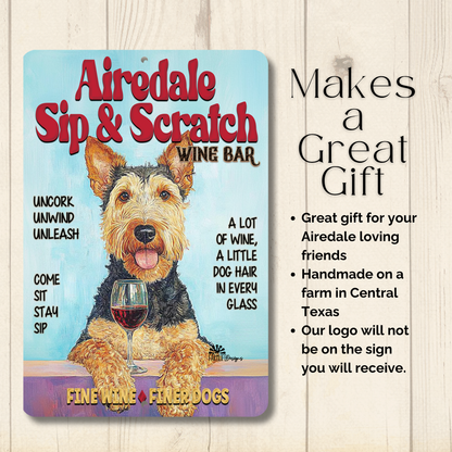 Airedale Wine Bar Sign Sip & Scratch Dog Metal Tin Wall Art