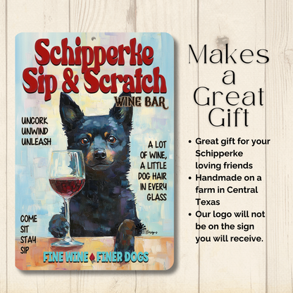 Schipperke Wine Bar Sign Sip & Scratch Dog Metal Tin Wall Art