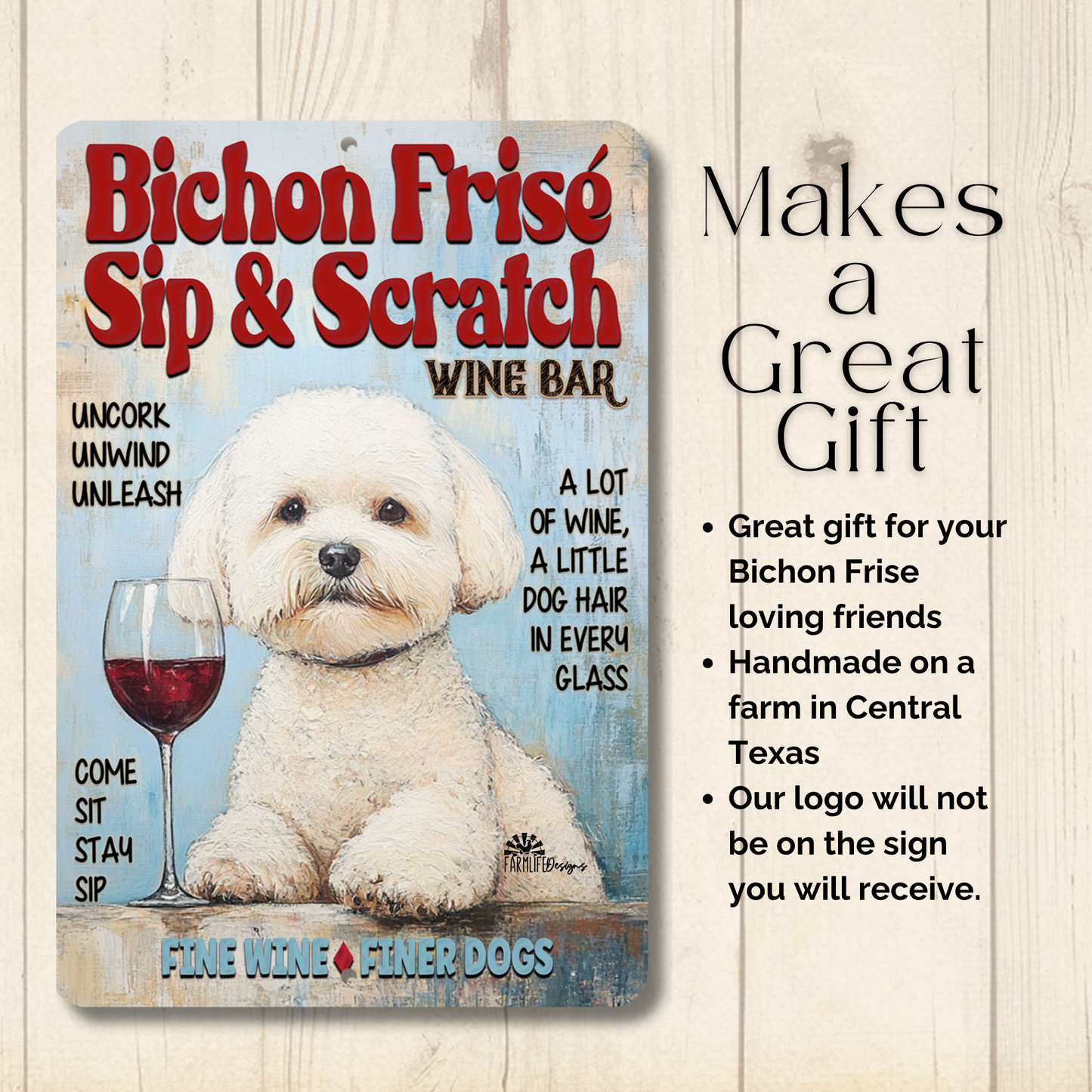 Bichon Frise Wine Bar Sign Sip & Scratch Dog Metal Tin Wall Art