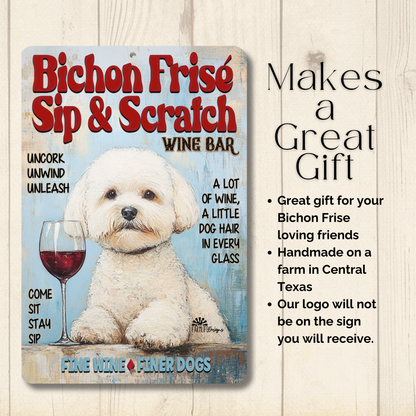 Bichon Frise Wine Bar Sign Sip & Scratch Dog Metal Tin Wall Art