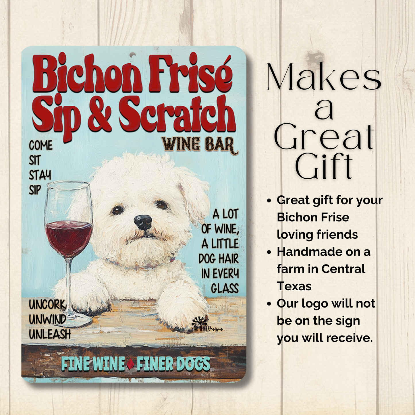 Bichon Frise Wine Bar Sign Sip & Scratch Dog Metal Tin Wall Art