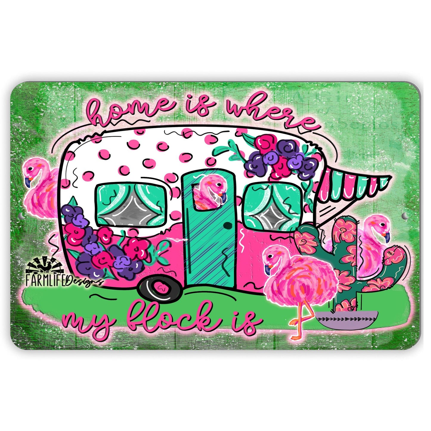 Flamingo Camping Sign | Home is where my flock is | camper flamingos 12"x8" aluminum