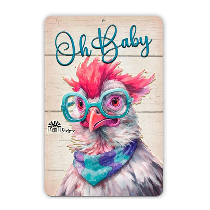 Chicken Sign - Oh Baby - pop art crazy colorful chicken, bathroom sign, bath sign, chicken decor