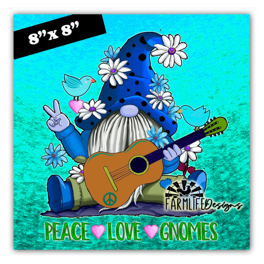 HIppie Gnome with Guitar and flowers Peace, Love Gnomes - Wreath Sign or large magnet 8"x8"