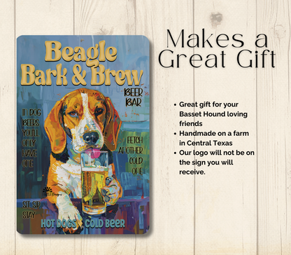 Beagle Beer Bar Sign, Bark and Brew pub metal tin dog wall art