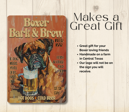 Boxer Beer Bar Sign, Bark and Brew pub metal tin dog wall art