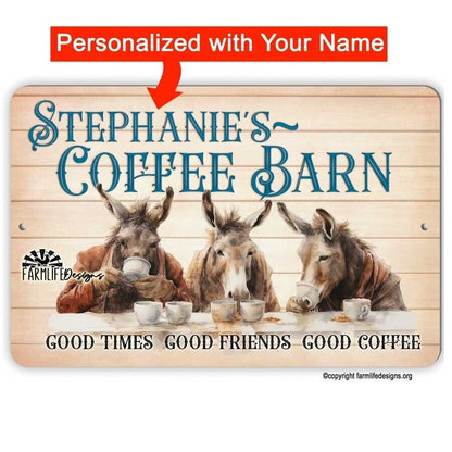 Coffee Bar Sign - Donkeys drinking Coffee, Coffee Barn 12x8 Personalized