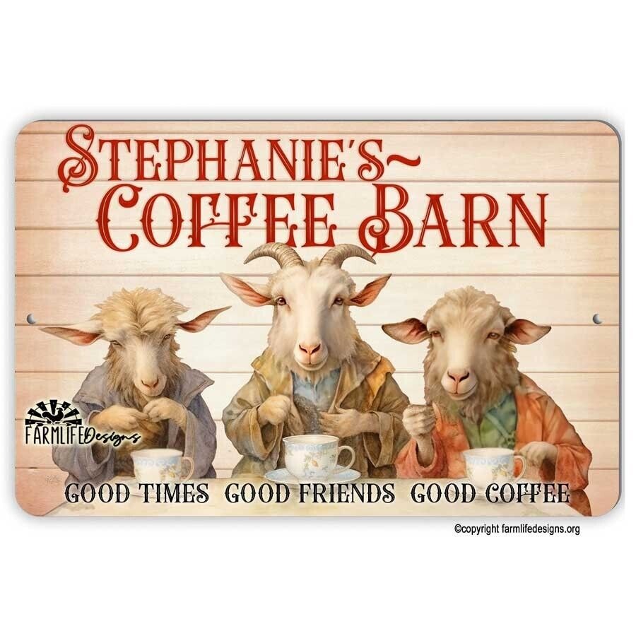 Coffee Bar Sign - Goats drinking Coffee, Coffee Barn 12x8 Personalized