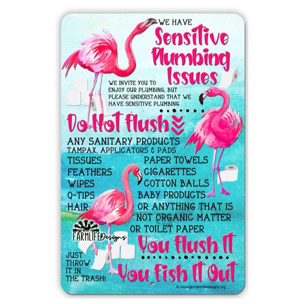 Don't Flush Sensitive Plumbing Sign | Flamingos 8x12 Bath Bathroom Flamingo Sign