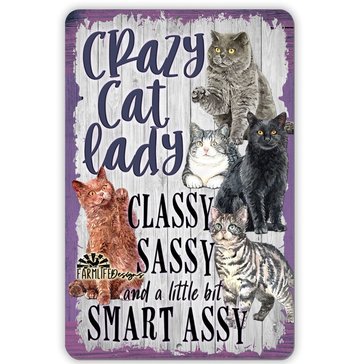 Crazy Cat Lady Sign - classy, sassy.... 8x12 aluminum cat lover decor black gray cats