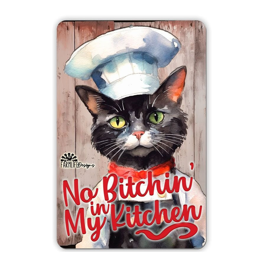 Tuxedo Cat Sign - Kitty Chef - No Bitchin in My Kitchen - black cat cooking