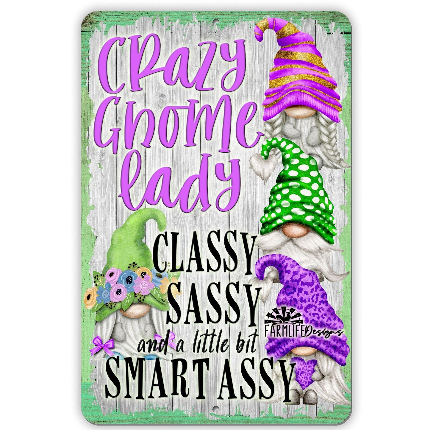 Crazy Gnome Lady Sign classy, sassy.... with gnomes and gnomies 8x12 aluminum