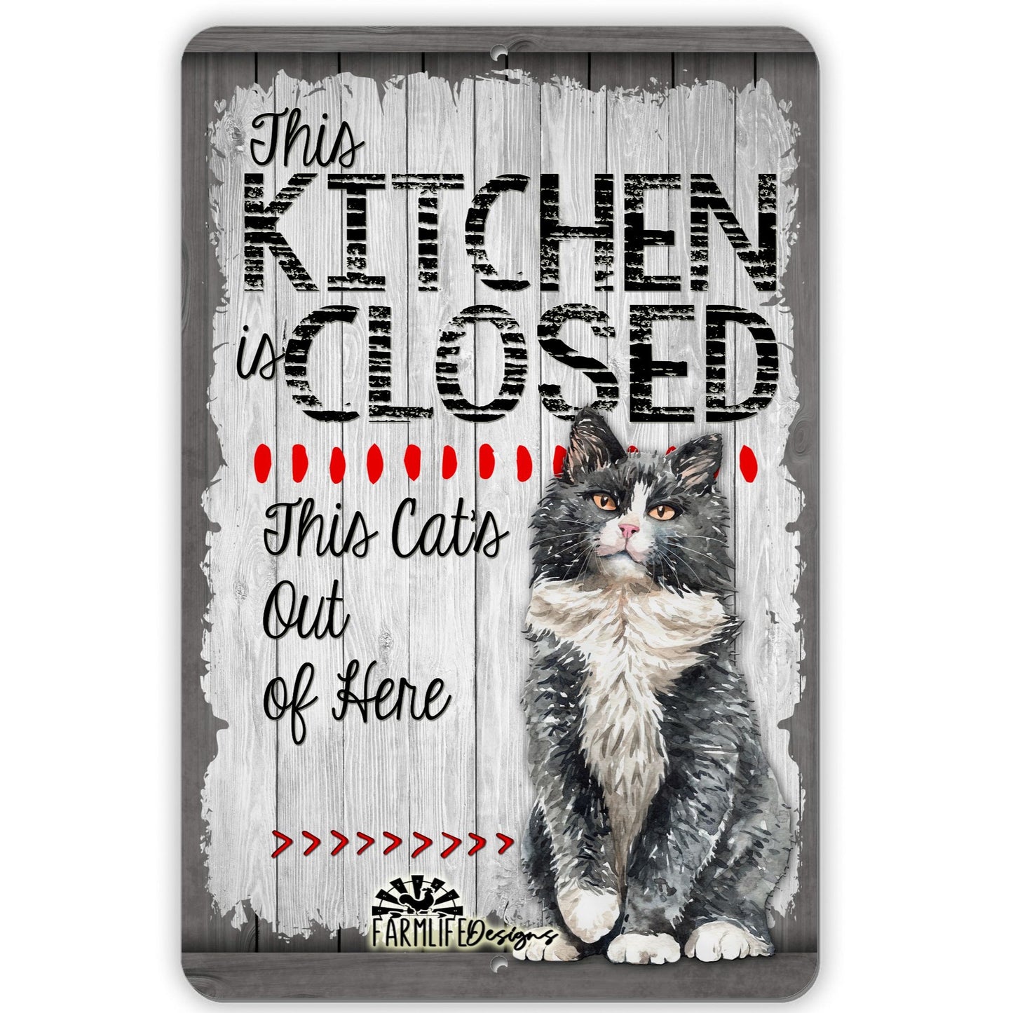 Cat Kitchen Closed Sign - This Cats Out of Here!  8x12 Aluminum gray grey red cat lover