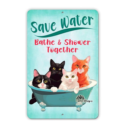 Cats in Bathtub - Save Water, Bathe & Shower Together, bathroom sign, bath sign, cat decor