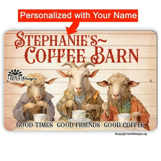 Coffee Bar Sign - Goats drinking Coffee, Coffee Barn 12x8 Personalized