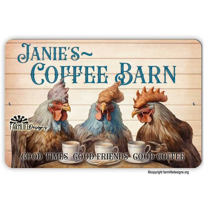 Coffee Bar Sign - Chickens drinking Coffee, Coffee Barn 12x8 Personalized