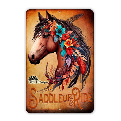 Horse Sign - Saddle Up and Ride horse with feathers, indoor outdoor decor 8x12