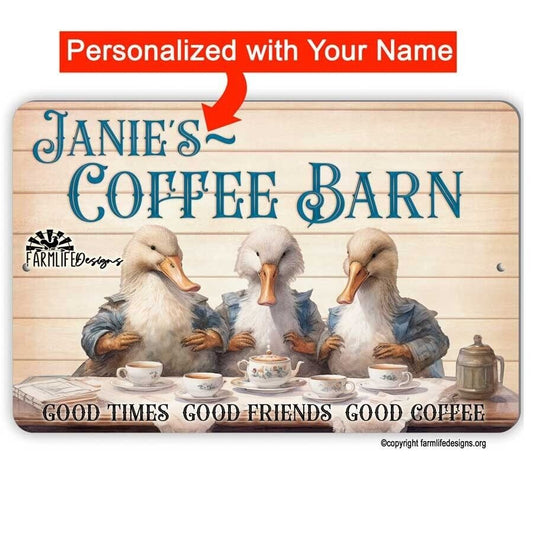 Coffee Bar Sign - Ducks drinking Coffee, Coffee Barn 12x8 Personalized