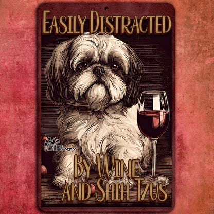 Shih Tzu Sign, Easily Distracted by Wine and Shih Tzus, 8x12 metal