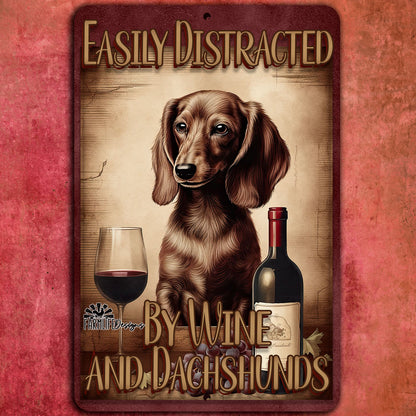 Dachshund Sign, Easily Distracted by Wine and Dachshunds, 8x12 metal