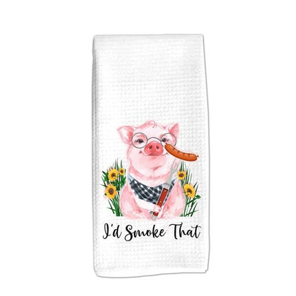 I'd Smoke That Dish Towel, tea, pig with sausage, barbecue, waffle weave