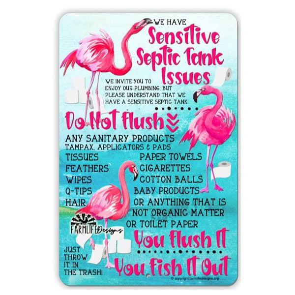 Don't Flush Sensitive Septic Tank Sign | Flamingos 8x12 Bath Bathroom Flamingo Sign