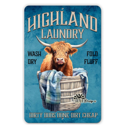 Highland Cow Laundry Sign, 8x12, cow in clothes basket