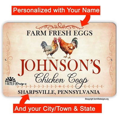 Personalized Chicken Coop Sign - with your name city & state, aluminum 12"x8"