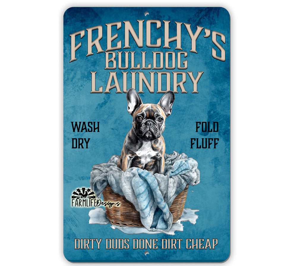 French Bulldog Laundry Sign, 8x12, dog in clothes basket