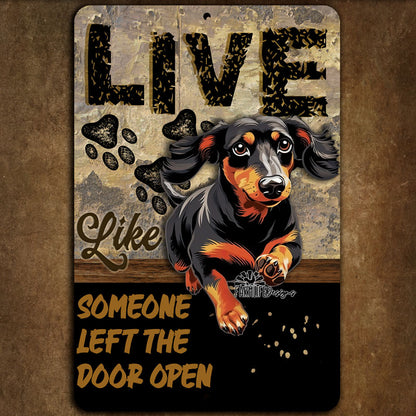 Dachshund sign, Live Like Someone Left Gate Open (or Door Open) Wiener dog metal wall art