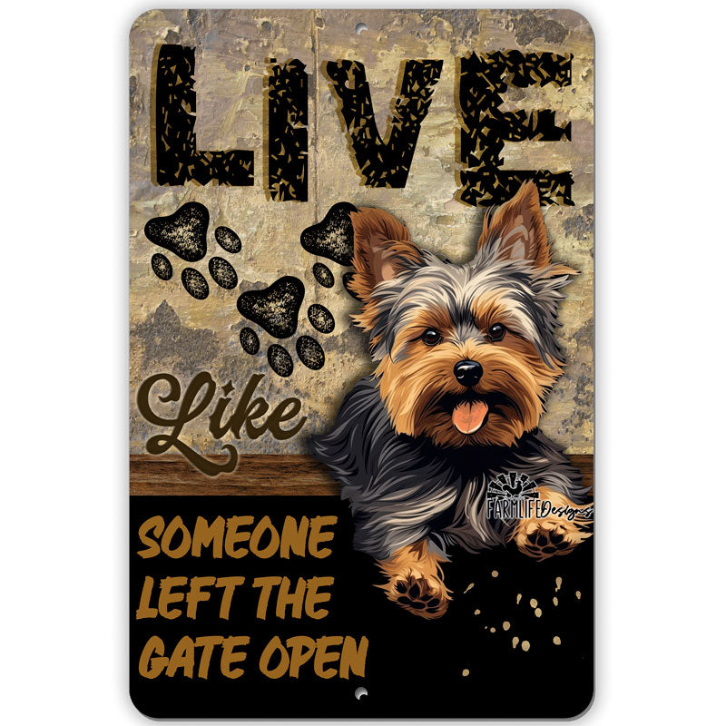 Yorkie sign, Live Like Someone Left Gate Open (or Door Open) Yorkshire Terrier dog metal wall art