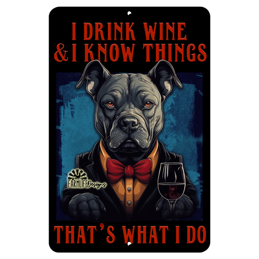 Pit Bull Sign, I Drink Wine and I Know Things, funny dog sign