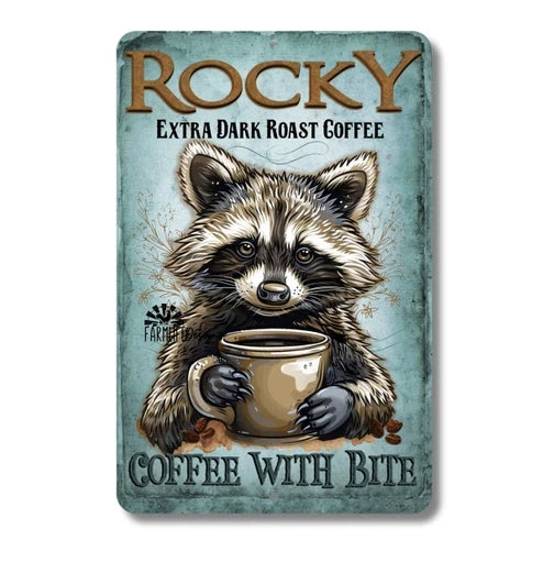 Raccoon Coffee Sign, Rocky coffee bar tin decor, metal