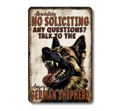 German Shepherd No Soliciting Sign, angry dog, yard warning sign outdoor