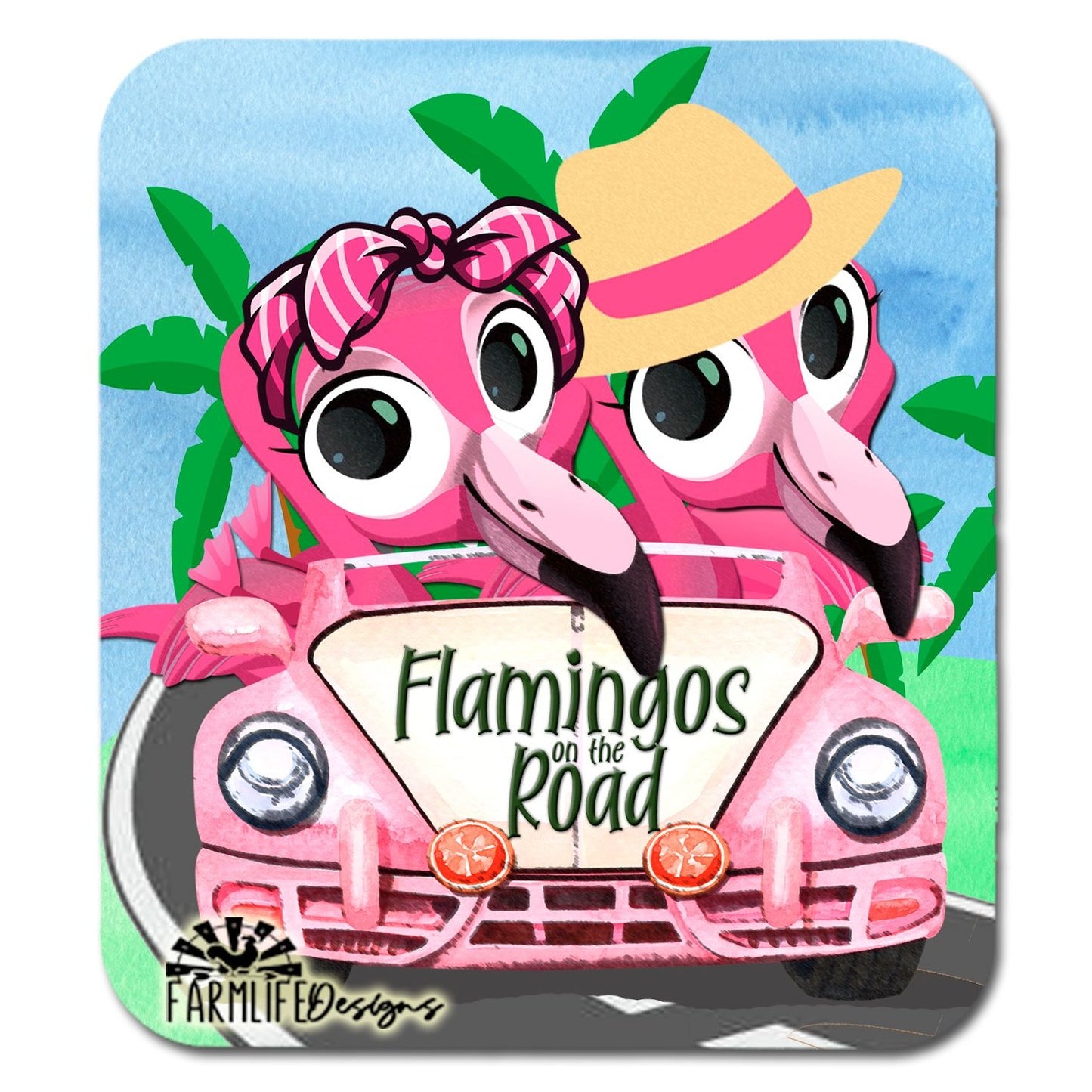 Flamingo Magnet - Flamingos on the Road in Pink Convertible Car - 4" wide aluminum