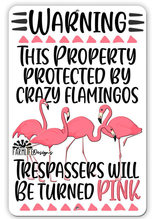 Crazy Flamingo Trespassing Sign - Property Protected by Crazy Flamingos - Aluminum 8x12